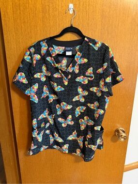 Colorful Puzzle Butterfly Scrub Top - Black Background